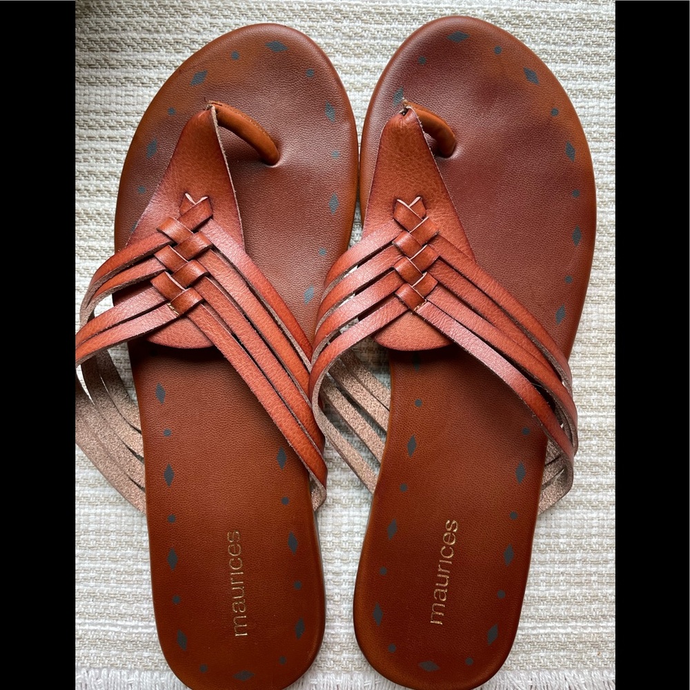 Maurice’s brown faux leather flip flops. Size 8